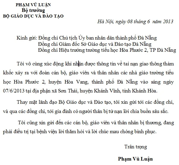 Bộ trưởng Phạm Vũ Luận gửi thư thăm hỏi gia đình giáo viên bị tai nạn