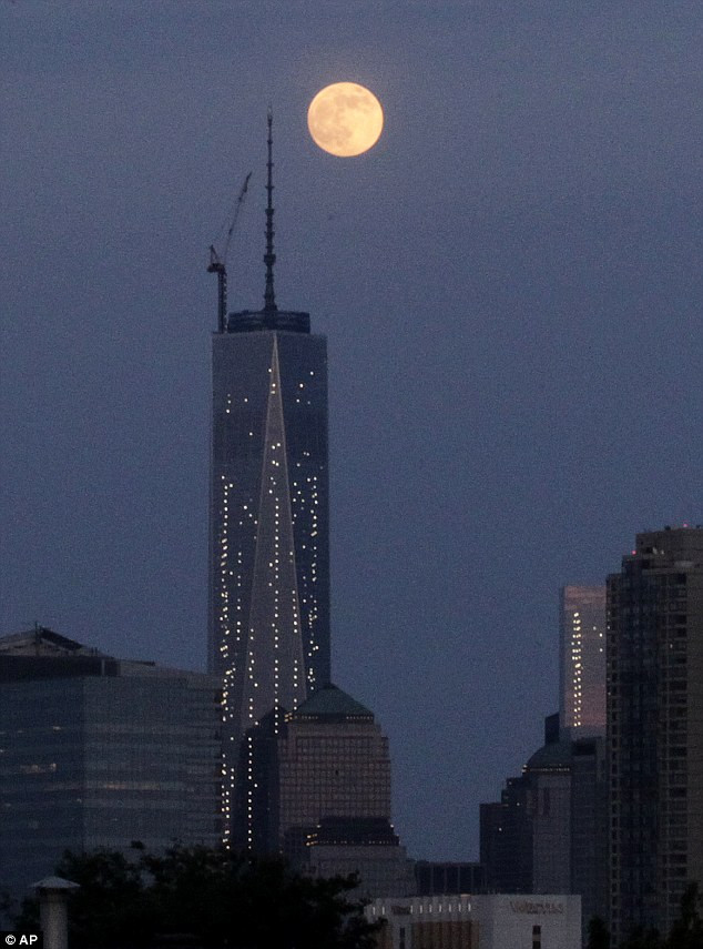 The moon is seen in its waxing gibbous stage as it rises over Lower Manhattan, including One World Trade Center, center, seen from The Heights neighborhood of Jersey City, N.J. Read more: http://www.dailymail.co.uk/news/article-2346857/Supermoon-June-2013-Amazing-pictures-solar-systems-best-lunar-weekend.html#ixzz2X61DxV7S Follow us: @MailOnline on Twitter | DailyMail on Facebook