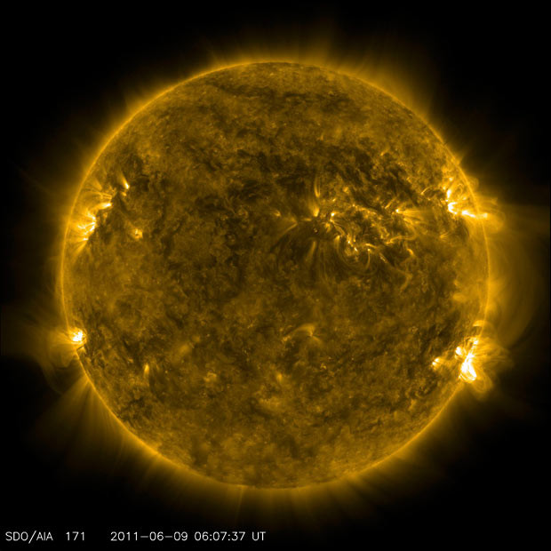 This picture shows the Sun as viewed by the Solar Dynamics Observatory on June 9, 2011. The sun is entering a more active phase, due to peak in 2013 on a roughly 11-year sunspot cycle, according to the World Meteorological Organisation. Power supplies, air traffic control, communications and satellites can all be disrupted by solar storms.