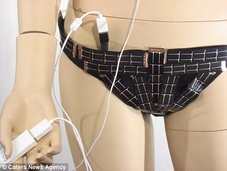The swimsuit is powered by photo-voltaic panels sewn together with conductive thread Read more: http://www.dailymail.co.uk/sciencetech/article-1393434/iKini-Plug-iPod-solar-powered-bikini.html#ixzz1OBFQYhp1