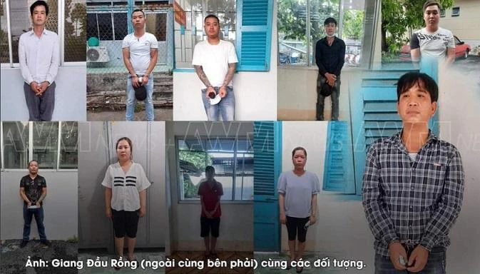 Giang "đầu rồng" (ngoài cùng bên phải) cùng các đối tượng bị bắt.