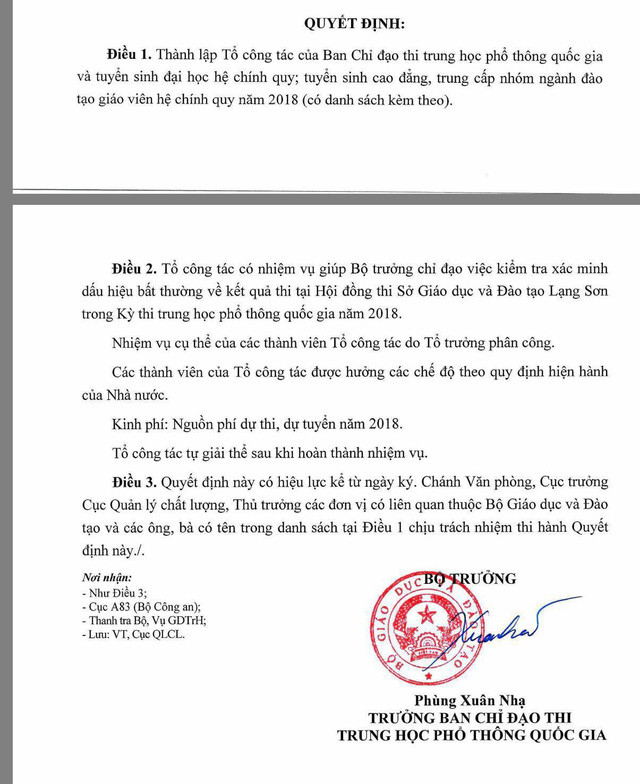 Quyết định thành lập Tổ công tác xác minh dấu hiệu bất thường về điểm thi tại tỉnh Lạng Sơn Quyết định thành lập Tổ công tác xác minh dấu hiệu bất thường về điểm thi tại tỉnh Lạng Sơn