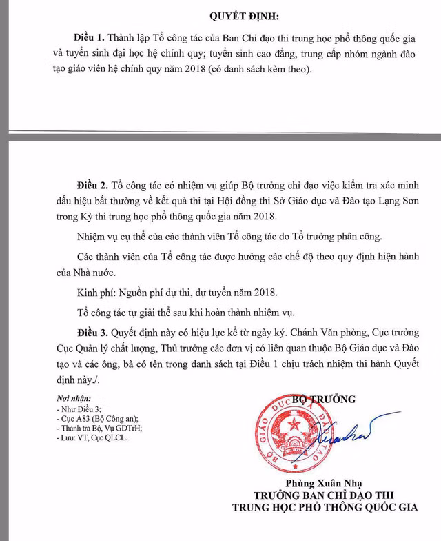 Quyết định thành lập Tổ công tác xác minh dấu hiệu bất thường về điểm thi tại tỉnh Lạng Sơn