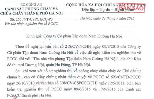 Xác nhận nghiệm thu về PCCC của Cảnh sát Phòng cháy chữa cháy Hà Nội đối với công trình Tòa nhà văn phòng Tập đoàn Nam Cường tại Khu đô thị mới Dương Nội.