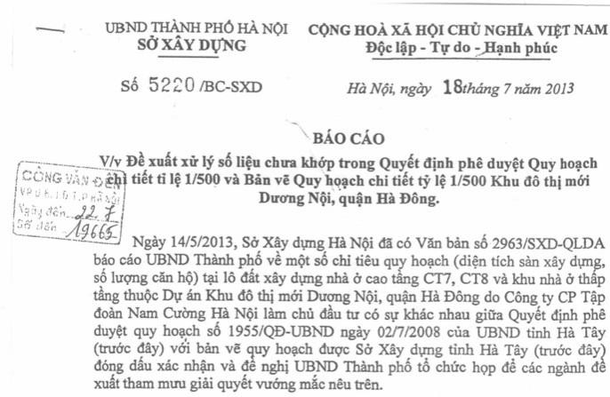 Báo cáo về việc đề xuất xử lý số liệu chưa khớp trong Quyết định phê duyệt Quy hoạch chi tiết tỷ lệ 1/500 và Bản vẽ Quy hoạch chi tiết tỷ lệ 1/500 Khu đô thị mới Dương Nội của Sở Xây dựng TP. Hà Nội.