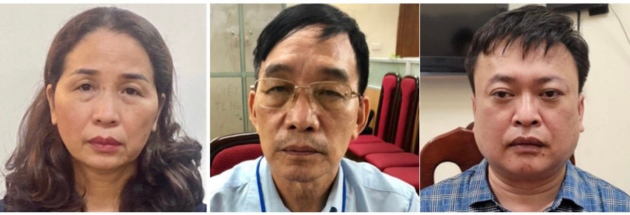 Các bị can (từ trái qua phải): Vũ Liên Oanh (nguyên Giám đốc Sở GD&ĐT tỉnh Quảng Ninh); Ngô Vui (nguyên Trưởng phòng Kế hoạch Tài chính); Hà Huy Long (nguyên Phó phòng Kế hoạch Tài chính) thuộc Sở Giáo dục và Đào tạo tỉnh Quảng Ninh.