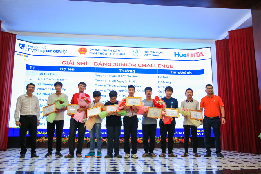 Trao giải Ba (trái) và giải Nhì (phải) cho các thí sinh của bảng Junior Challenge.