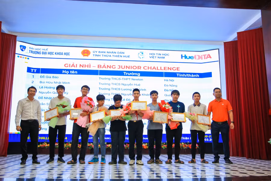 Trao giải Ba (trái) và giải Nhì (phải) cho các thí sinh của bảng Junior Challenge.