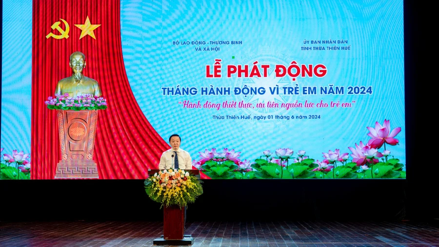 Phó Thủ tướng Trần Hồng Hà phát biểu tại lễ phát động Tháng hành động vì trẻ em năm 2024. (Ảnh: N.H)