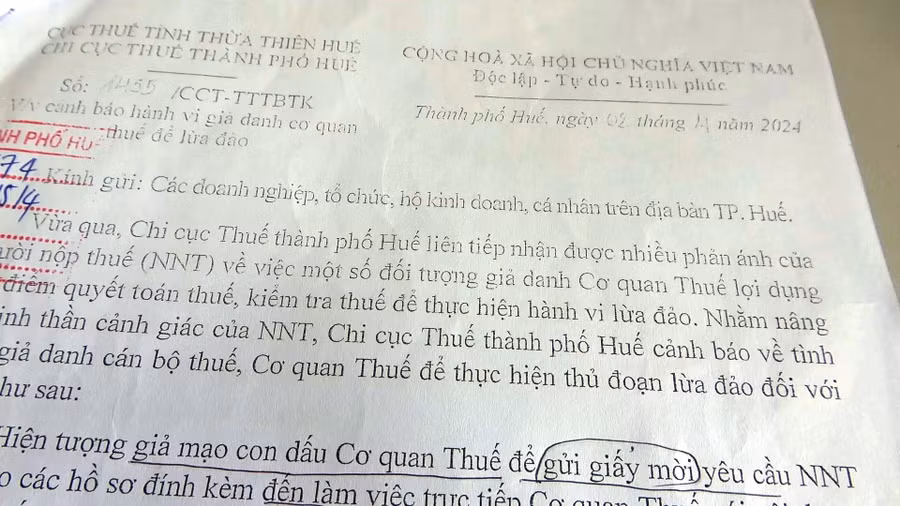 Chi cục thuế TP Huế phát cảnh báo hành vi giả cơ quan thuế để lừa đảo. (Ảnh: CACC)