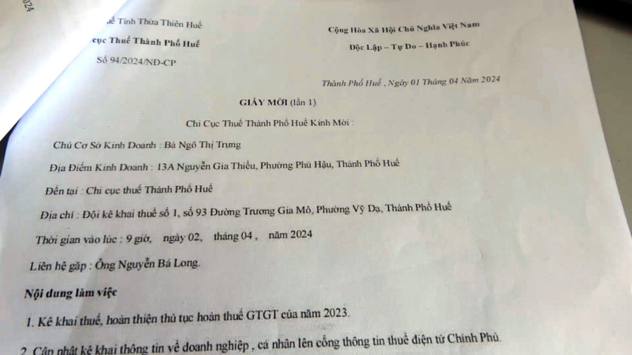 Một giấy mời giả Chi cục thuế TP Huế gửi đến người dân. (Ảnh: CACC)