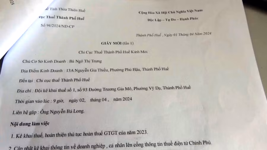 Một giấy mời giả Chi cục thuế TP Huế gửi đến người dân. (Ảnh: CACC)