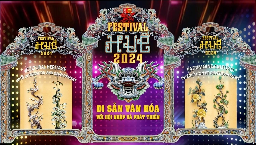 Poster chính thức Festival Huế 2024 được công bố với nhiều họa tiết cung đình Huế. (Ảnh: TTBTDTCĐH).