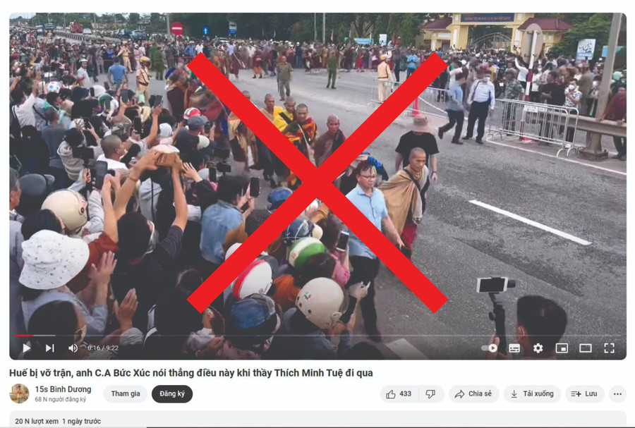 Một video đăng sai sự thật về ông Thích Minh Tuệ từ Youtube "15s Bình Dương" do ông N.V.T. làm chủ tài khoản. (Ảnh: Sở Thông tin và Truyền thông tỉnh Thừa Thiên Huế)