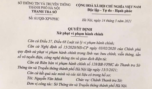Quyết định của Sở Thông tin và Truyền thông Hà Nội về việc xử phạt Công ty TNHH Hướng tới Minh bạch.