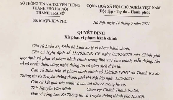 Quyết định của Sở Thông tin và Truyền thông Hà Nội về việc xử phạt Công ty TNHH Hướng tới Minh bạch.