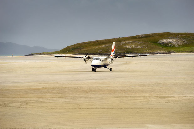 Barra Scotland Can’t wait to get off the plane and on to the beach? Head for the Hebridean island of Barra where the Scottish sands have been used as a makeshift runway since the Thirties. The airport handles 1,000 flights each year, but only when the tide is out. 