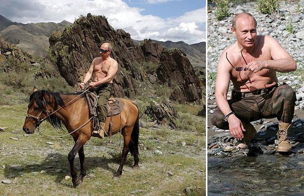 Chùm ảnh các chính trị gia thế giới trong các kỳ nghỉ ảnh 4 Macho man: Vladimir Putin caused something of a stir the following summer while on holiday in Siberia. The manly Russian stripped off for a spot of fishing before clambering into the saddle.