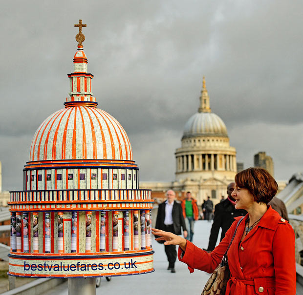 A scale model of St Paul’s Cathedral made out of used train tickets is pictured on the Millennium Bridge in London. Artist Robert Bradford created models of several British landmarks (Blackpool Tower, St Paul’s and Edinburgh Castle) using a total of 115,000 used train tickets, representing the 115,000 cheap advance tickets sold each day