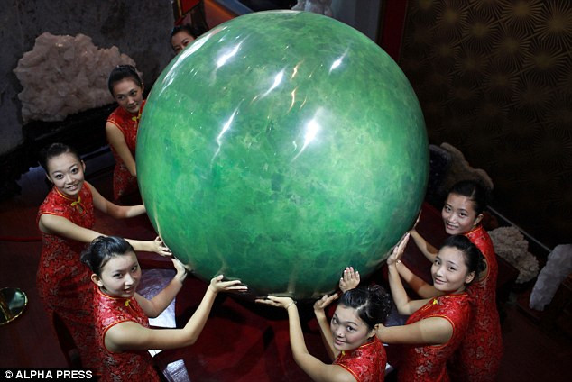 Monster: The fluorite mineral the stone is fashioned from is more valuable than diamonds in China Read more: http://www.dailymail.co.uk/news/article-1332629/The-Great-Ball-China-Six-ton-Chinese-pearl-worlds-biggest--88million-price-tags-exactly-small-either.html#ixzz164WPN69T