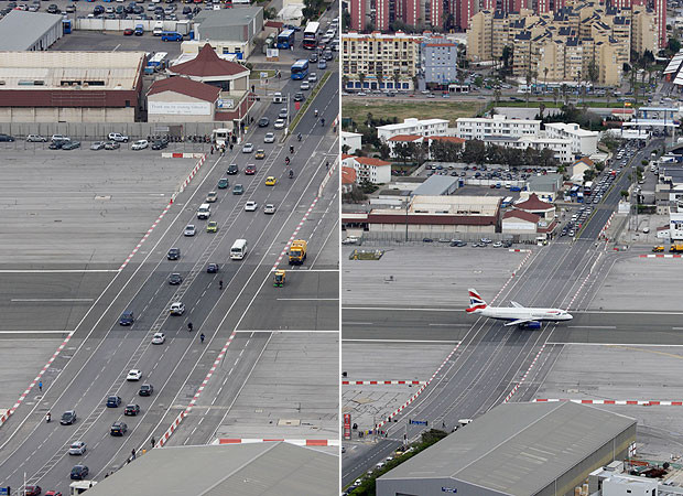 Gibraltar A lack of flat space on the tiny territory of Gibraltar means the peninsula’s only runway is bisected by its busiest road, with a pair of flimsy-looking barriers the only thing preventing a nasty collision between a 747 and a Ford Orion. 