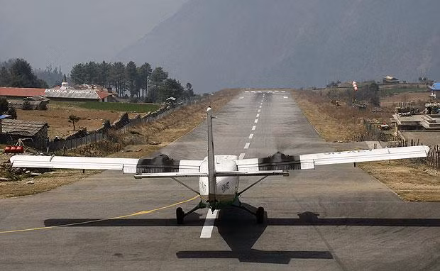 Tenzing-Hillary Nepal Another hellish destination for those of a nervous disposition, Tenzing-Hillary Airport – in eastern Nepal – features an enormous mountain at one end, and a sheer drop at the other. The runway is just 1,729-ft long, and at 2,860 metres above sea level, there are few airports found at a higher altitude. 