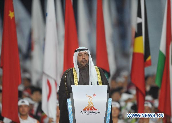 Sheikh Ahmad Al-Fahad Al-Sabah, president of the Olympic Council of Asia, hails the Guangzhou Asiad 