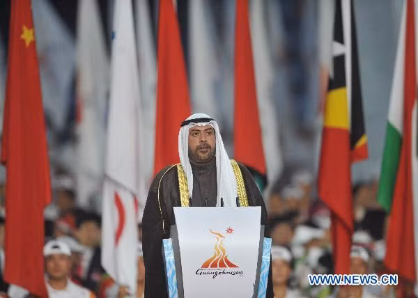 Sheikh Ahmad Al-Fahad Al-Sabah, president of the Olympic Council of Asia, hails the Guangzhou Asiad 
