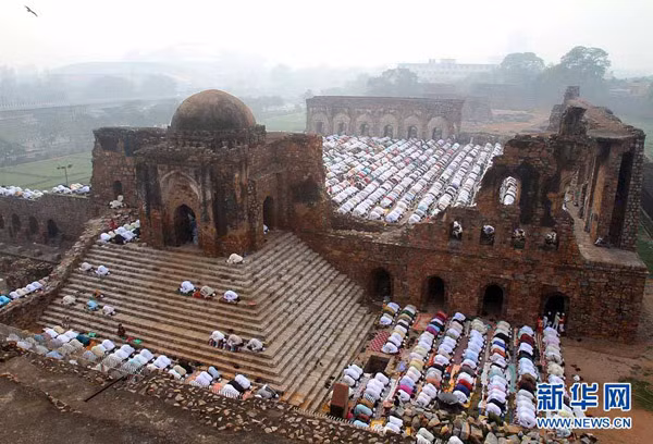 Muslims perform the Eid al-Adha prayers at the ruins of the Feroz Shah Kotla mosque in New Delhi 