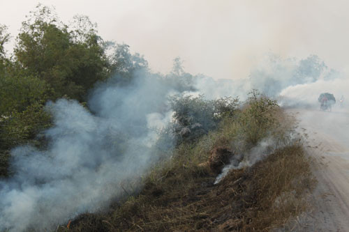 Khói bốc ngùn ngụt trên triền đê