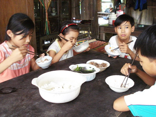 Hằng ngày bữa cơm của các em chỉ mỗi rau muống, bắp chuối trộn.