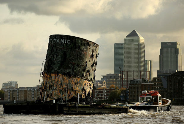 The week in pictures: 5 November 2010 A replica of the upper section of the fourth funnel of the Titanic is towed along the river Thames towards Canary Wharf in London. The replica funnel has been created to launch a new exhibition of artefacts recovered from the wreck of the Titanic cruise liner which sunk in the North Atlantic on April 15, 1912. The exhibition is held in the O2 Bubble and is open to the public from November 5, 2010 till May 31, 2011 A replica of the upper section of the fourth funnel of the Titanic is towed along the river Thames towards Canary Wharf in London. The replica funnel has been created to launch a new exhibition of artefacts recovered from the wreck of the Titanic cruise liner which sunk in the North Atlantic on April 15, 1912. The exhibition is held in the O2 Bubble and is open to the public from November 5, 2010 till May 31, 2011