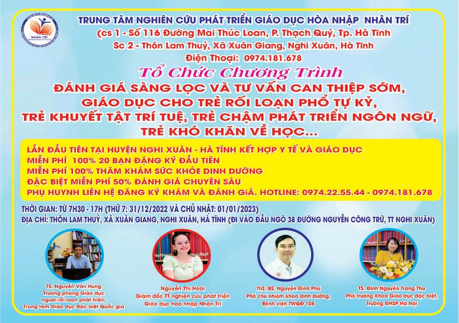 Chương trình đánh giá và tư vấn chuyên sâu, can thiệp sớm cho trẻ rối loạn phát triển lần đầu tiên được tổ chức tại huyện Nghi Xuân (Hà Tĩnh) với nhiều chuyên gia giàu kinh nghiệm. Chương trình đánh giá và tư vấn chuyên sâu, can thiệp sớm cho trẻ rối loạn phát triển lần đầu tiên được tổ chức tại huyện Nghi Xuân (Hà Tĩnh) với nhiều chuyên gia giàu kinh nghiệm.