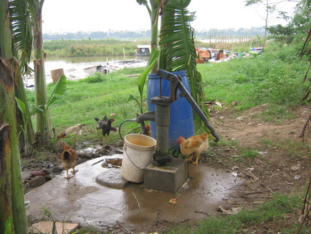 Cả xóm dựa vào nguồn nước giếng khoan do dân trong vùng cho.