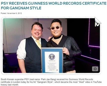 &quot;Gangnam Style&quot; của Psy nhận chứng nhận kỷ lục Guinness