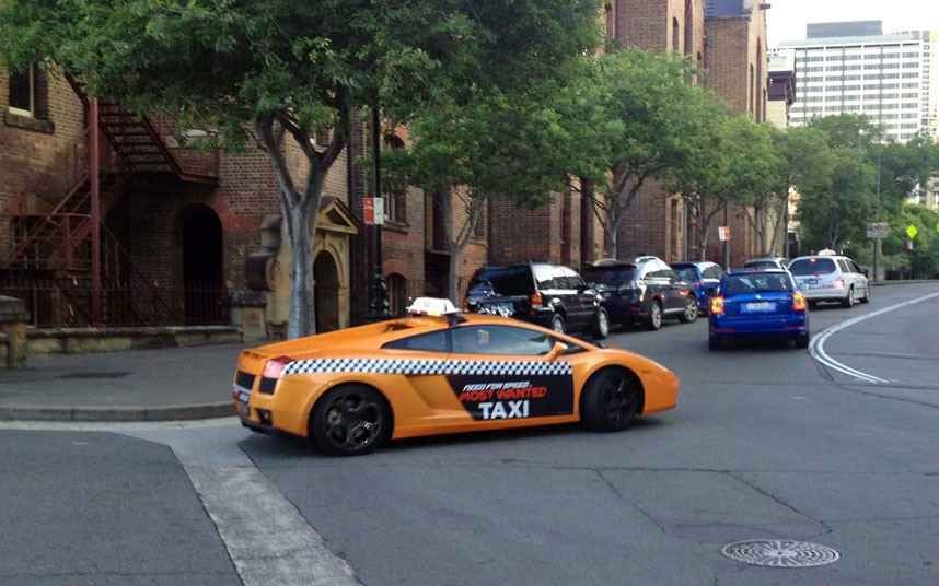 A Lamborghini taxi is spotted in The Rocks area of Sydney, but it’s just a publicity stunt on behalf of Electronic Arts’ latest racing video game, ’Need For Speed: Most Wanted’