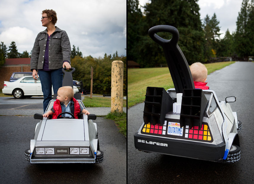 Cory Newton-Smith, from Seattle, was so inspired by similarity of a red puffer vest jacket her one-year-old was wearing to the one Marty McFly wears in Back To The Future that she built a tiny Delorean for him to ride in for Halloween. She created a scale model of the car from the 1985 film built around a child’s push buggy. 