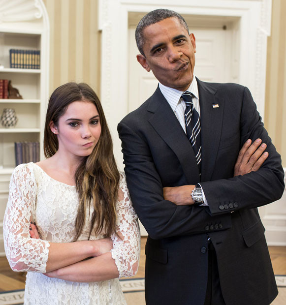 US President Barack Obama jokingly mimics gymnast McKayla Maroney’s 