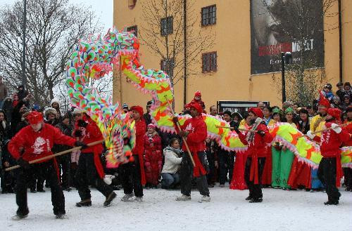 Swedish kungfu learners perform dragon dance during a celebration for the Chinese Spring Festival, or lunar New Year, in Stockholm, capital of Sweden, on Feb. 13, 2010. 