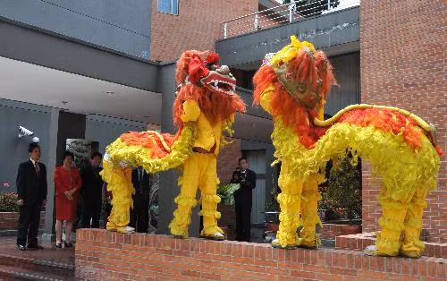 Performers perform lion dance at the Chinese Embassy in Columbia during a Chinese Lunar New Year reception in Bogota, capital of Columbia, Feb. 11, 2010.