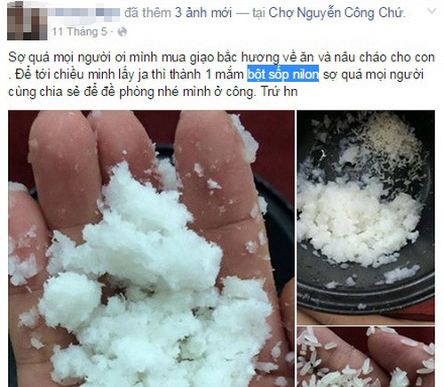Bài chia sẻ của H.N về món cháo nghi làm từ gạo giả - (Ảnh chụp màn hình).