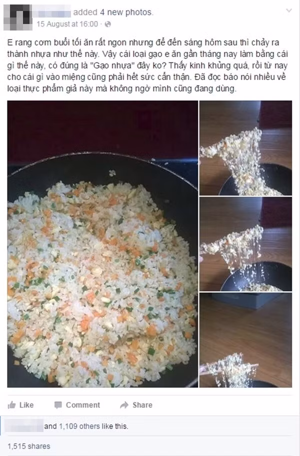 Bài chia sẻ của facebook-er H.U về món cơm rang nghi làm từ "gạo nhựa" khiến cộng đồng mạng xôn xao - (Ảnh chụp màn hình).