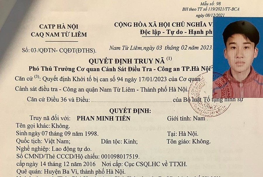 Quyết định truy nã Phan Minh Tiến của cơ quan công an.