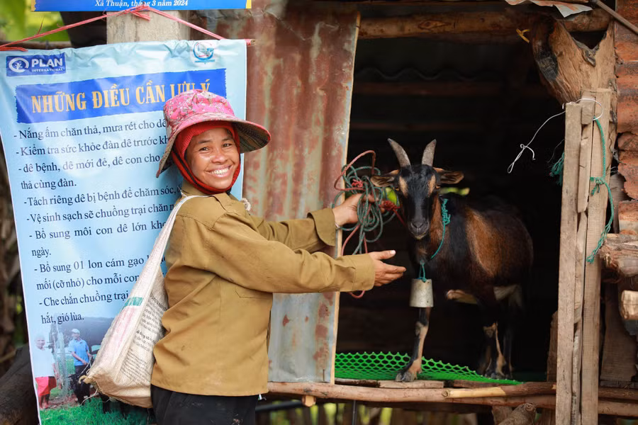 Các gia đình phấn khởi khi được nhận dê giống.