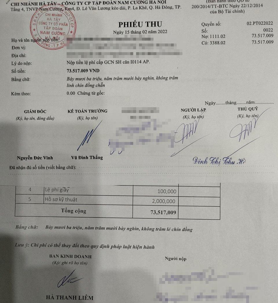 Phiếu thu các chi phí khi khách hàng mua nhà tại dự án Khu đô thị mới Nam Cường Phiếu thu các chi phí khi khách hàng mua nhà tại dự án Khu đô thị mới Nam Cường