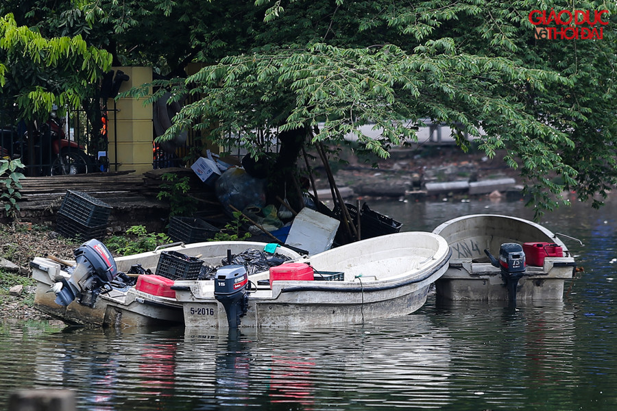 Không chỉ trên khu vực gần bờ, nhiều túi ni lông đen chứa cá chết được thu gom vẫn để nguyên trên ca nô của đội vệ sinh môi trường.