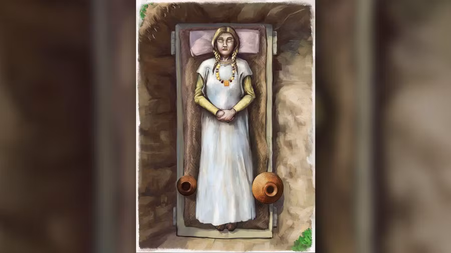 Hình minh họa cho thấy người phụ nữ thời kỳ đầu thời trung cổ được chôn cất cùng chiếc vòng cổ quý giá và hai chiếc bình trang trí. Ảnh: Bảo tàng Khảo cổ học Luân Đôn. Hình minh họa cho thấy người phụ nữ thời kỳ đầu thời trung cổ được chôn cất cùng chiếc vòng cổ quý giá và hai chiếc bình trang trí. Ảnh: Bảo tàng Khảo cổ học Luân Đôn.