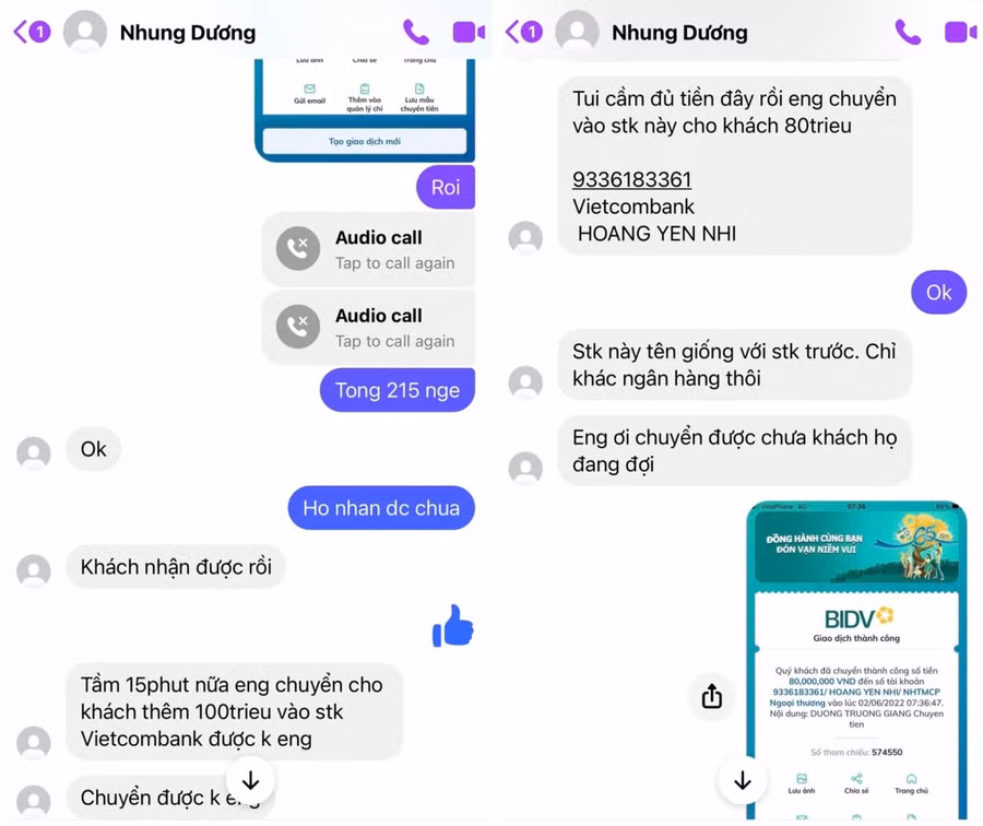 Đoạn hội thoại và yêu cầu chuyển tiền qua số tài khoản của đối tượng. Ảnh nhân vật cung cấp.