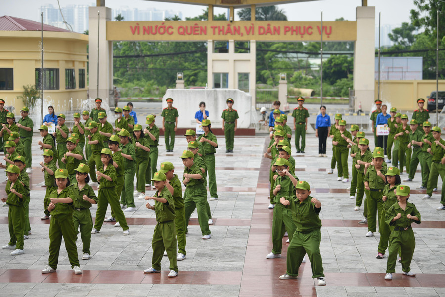 Các em nhỏ hăng hái biểu diễn võ thuật.