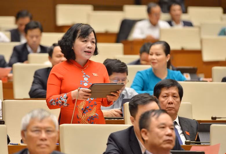 Đại biểu Nguyễn Thị Mai Hoa (Đoàn Đồng Tháp) thảo luận tại hội trường sáng 29/3.